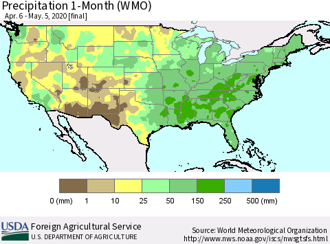 United States Precipitation 1-Month (WMO) Thematic Map For 4/6/2020 - 5/5/2020