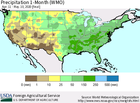 United States Precipitation 1-Month (WMO) Thematic Map For 4/11/2020 - 5/10/2020