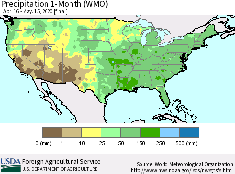 United States Precipitation 1-Month (WMO) Thematic Map For 4/16/2020 - 5/15/2020