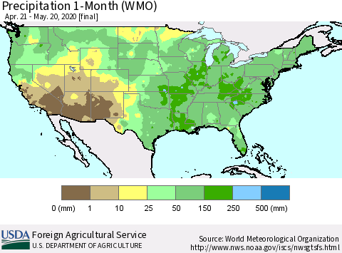 United States Precipitation 1-Month (WMO) Thematic Map For 4/21/2020 - 5/20/2020
