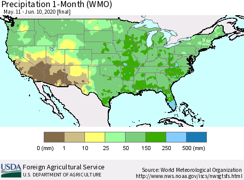 United States Precipitation 1-Month (WMO) Thematic Map For 5/11/2020 - 6/10/2020