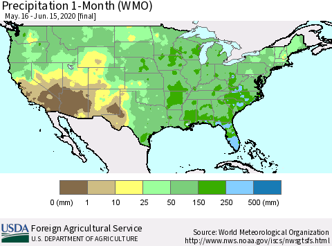 United States Precipitation 1-Month (WMO) Thematic Map For 5/16/2020 - 6/15/2020