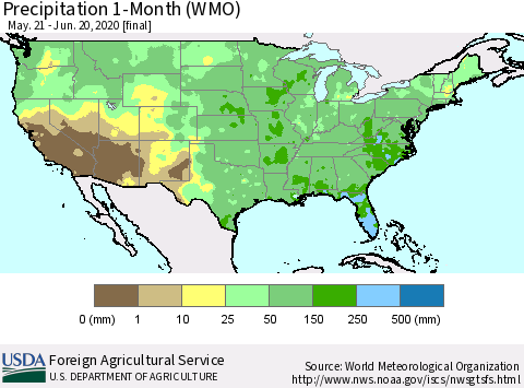 United States Precipitation 1-Month (WMO) Thematic Map For 5/21/2020 - 6/20/2020