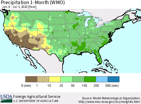 United States Precipitation 1-Month (WMO) Thematic Map For 6/6/2020 - 7/5/2020