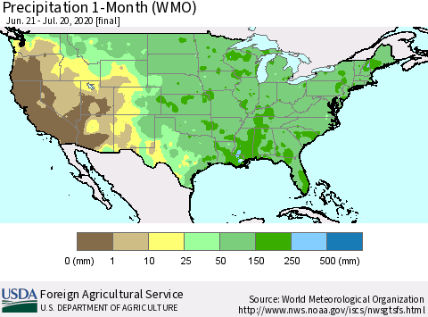 United States Precipitation 1-Month (WMO) Thematic Map For 6/21/2020 - 7/20/2020