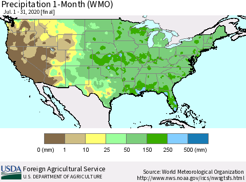 United States Precipitation 1-Month (WMO) Thematic Map For 7/1/2020 - 7/31/2020