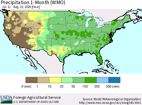 United States Precipitation 1-Month (WMO) Thematic Map For 7/11/2020 - 8/10/2020
