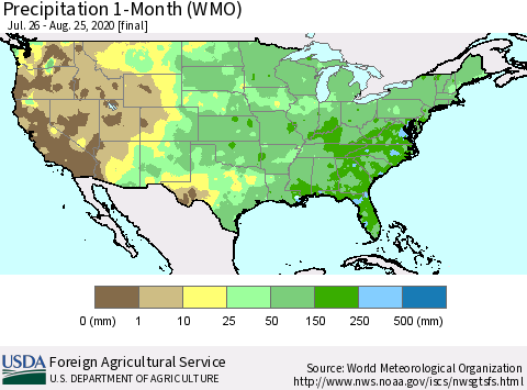 United States Precipitation 1-Month (WMO) Thematic Map For 7/26/2020 - 8/25/2020