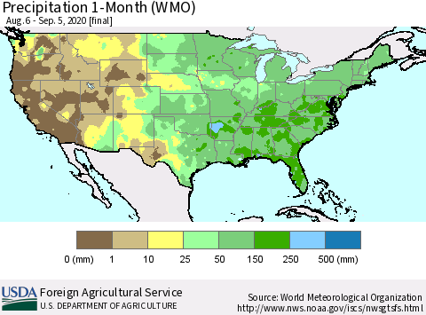 United States Precipitation 1-Month (WMO) Thematic Map For 8/6/2020 - 9/5/2020