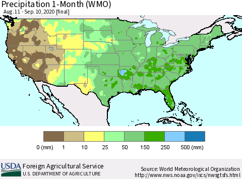 United States Precipitation 1-Month (WMO) Thematic Map For 8/11/2020 - 9/10/2020