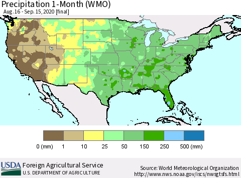 United States Precipitation 1-Month (WMO) Thematic Map For 8/16/2020 - 9/15/2020