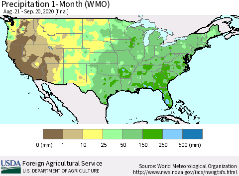 United States Precipitation 1-Month (WMO) Thematic Map For 8/21/2020 - 9/20/2020