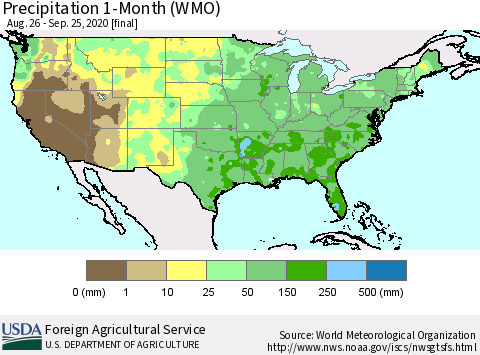 United States Precipitation 1-Month (WMO) Thematic Map For 8/26/2020 - 9/25/2020