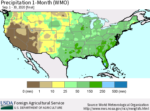 United States Precipitation 1-Month (WMO) Thematic Map For 9/1/2020 - 9/30/2020