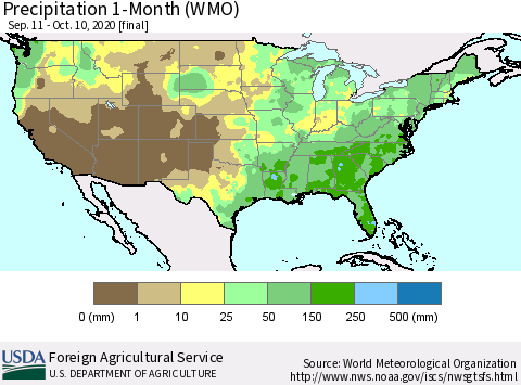United States Precipitation 1-Month (WMO) Thematic Map For 9/11/2020 - 10/10/2020