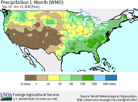 United States Precipitation 1-Month (WMO) Thematic Map For 9/16/2020 - 10/15/2020