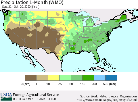 United States Precipitation 1-Month (WMO) Thematic Map For 9/21/2020 - 10/20/2020