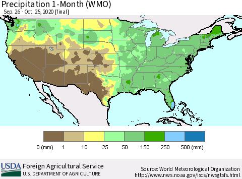 United States Precipitation 1-Month (WMO) Thematic Map For 9/26/2020 - 10/25/2020