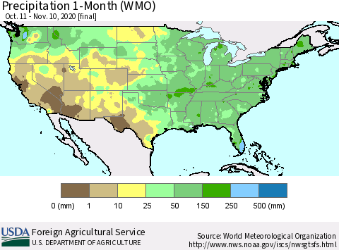 United States Precipitation 1-Month (WMO) Thematic Map For 10/11/2020 - 11/10/2020