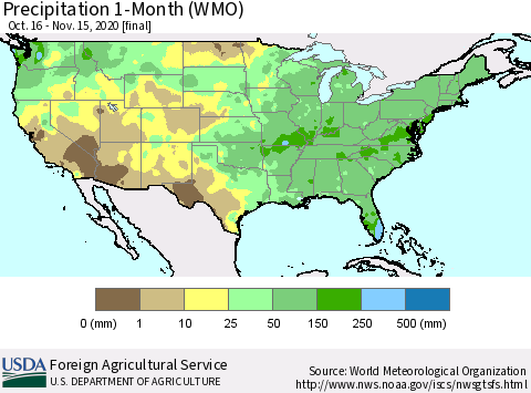 United States Precipitation 1-Month (WMO) Thematic Map For 10/16/2020 - 11/15/2020