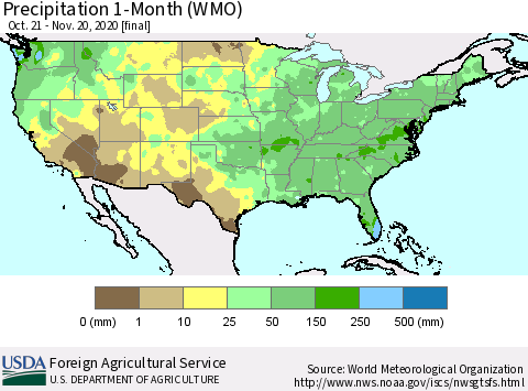 United States Precipitation 1-Month (WMO) Thematic Map For 10/21/2020 - 11/20/2020
