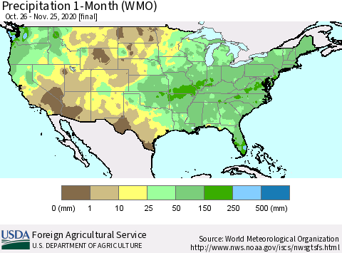 United States Precipitation 1-Month (WMO) Thematic Map For 10/26/2020 - 11/25/2020