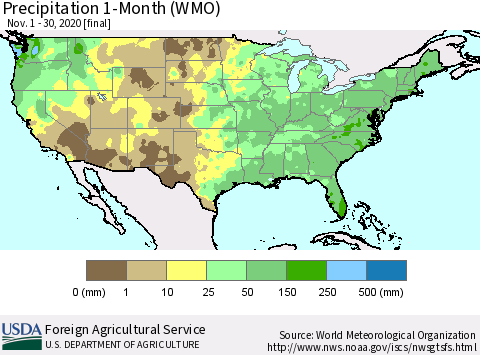 United States Precipitation 1-Month (WMO) Thematic Map For 11/1/2020 - 11/30/2020