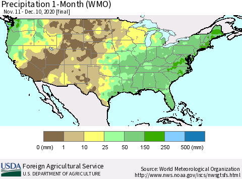 United States Precipitation 1-Month (WMO) Thematic Map For 11/11/2020 - 12/10/2020