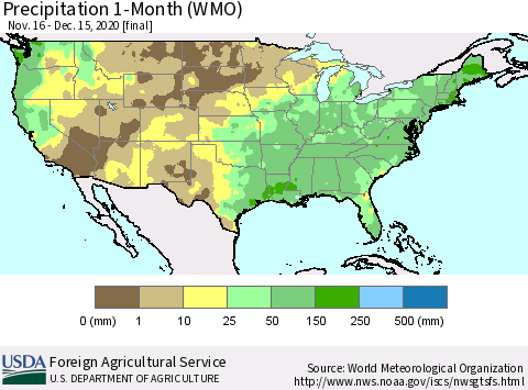 United States Precipitation 1-Month (WMO) Thematic Map For 11/16/2020 - 12/15/2020