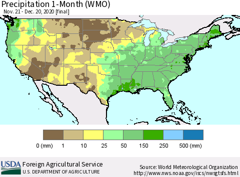 United States Precipitation 1-Month (WMO) Thematic Map For 11/21/2020 - 12/20/2020