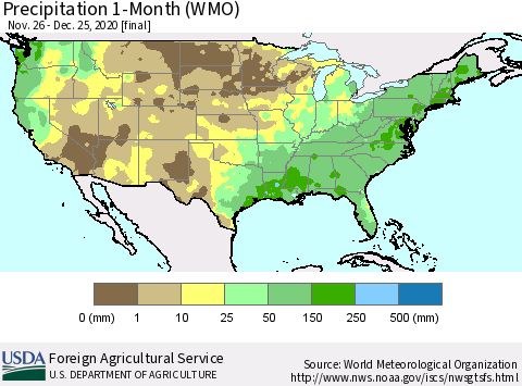 United States Precipitation 1-Month (WMO) Thematic Map For 11/26/2020 - 12/25/2020
