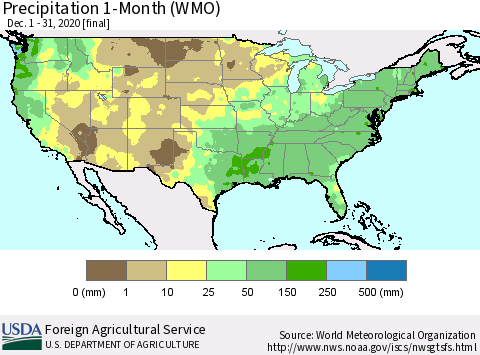 United States Precipitation 1-Month (WMO) Thematic Map For 12/1/2020 - 12/31/2020