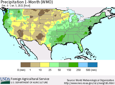 United States Precipitation 1-Month (WMO) Thematic Map For 12/6/2020 - 1/5/2021