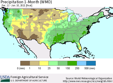 United States Precipitation 1-Month (WMO) Thematic Map For 12/11/2020 - 1/10/2021