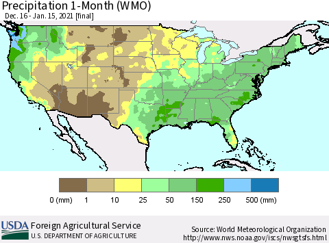 United States Precipitation 1-Month (WMO) Thematic Map For 12/16/2020 - 1/15/2021