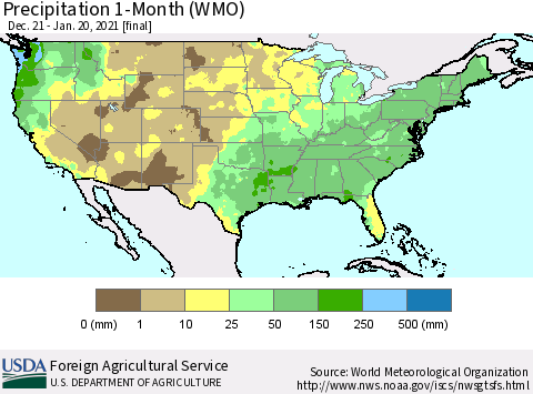 United States Precipitation 1-Month (WMO) Thematic Map For 12/21/2020 - 1/20/2021