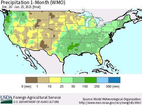 United States Precipitation 1-Month (WMO) Thematic Map For 12/26/2020 - 1/25/2021
