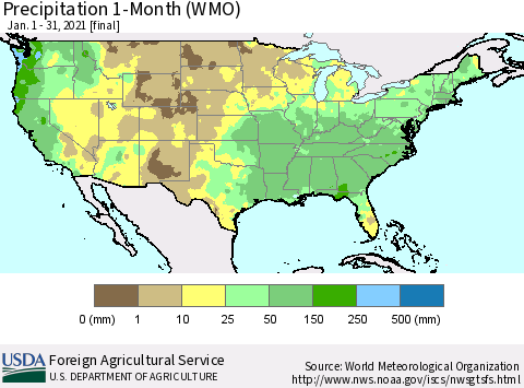 United States Precipitation 1-Month (WMO) Thematic Map For 1/1/2021 - 1/31/2021