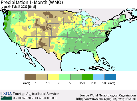United States Precipitation 1-Month (WMO) Thematic Map For 1/6/2021 - 2/5/2021