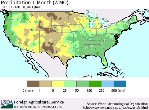 United States Precipitation 1-Month (WMO) Thematic Map For 1/11/2021 - 2/10/2021