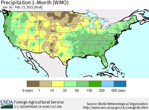 United States Precipitation 1-Month (WMO) Thematic Map For 1/16/2021 - 2/15/2021