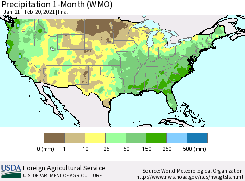 United States Precipitation 1-Month (WMO) Thematic Map For 1/21/2021 - 2/20/2021