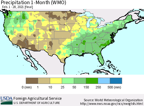 United States Precipitation 1-Month (WMO) Thematic Map For 2/1/2021 - 2/28/2021