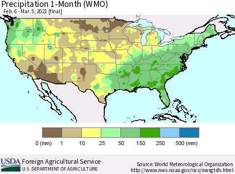 United States Precipitation 1-Month (WMO) Thematic Map For 2/6/2021 - 3/5/2021