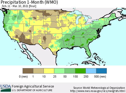 United States Precipitation 1-Month (WMO) Thematic Map For 2/11/2021 - 3/10/2021