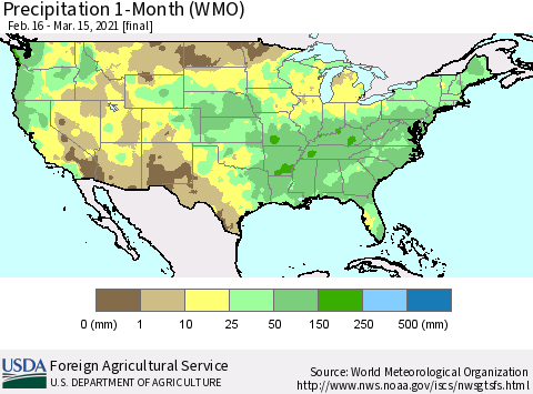 United States Precipitation 1-Month (WMO) Thematic Map For 2/16/2021 - 3/15/2021