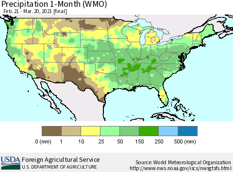 United States Precipitation 1-Month (WMO) Thematic Map For 2/21/2021 - 3/20/2021