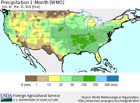United States Precipitation 1-Month (WMO) Thematic Map For 2/26/2021 - 3/25/2021