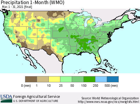 United States Precipitation 1-Month (WMO) Thematic Map For 3/1/2021 - 3/31/2021