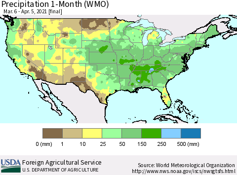 United States Precipitation 1-Month (WMO) Thematic Map For 3/6/2021 - 4/5/2021